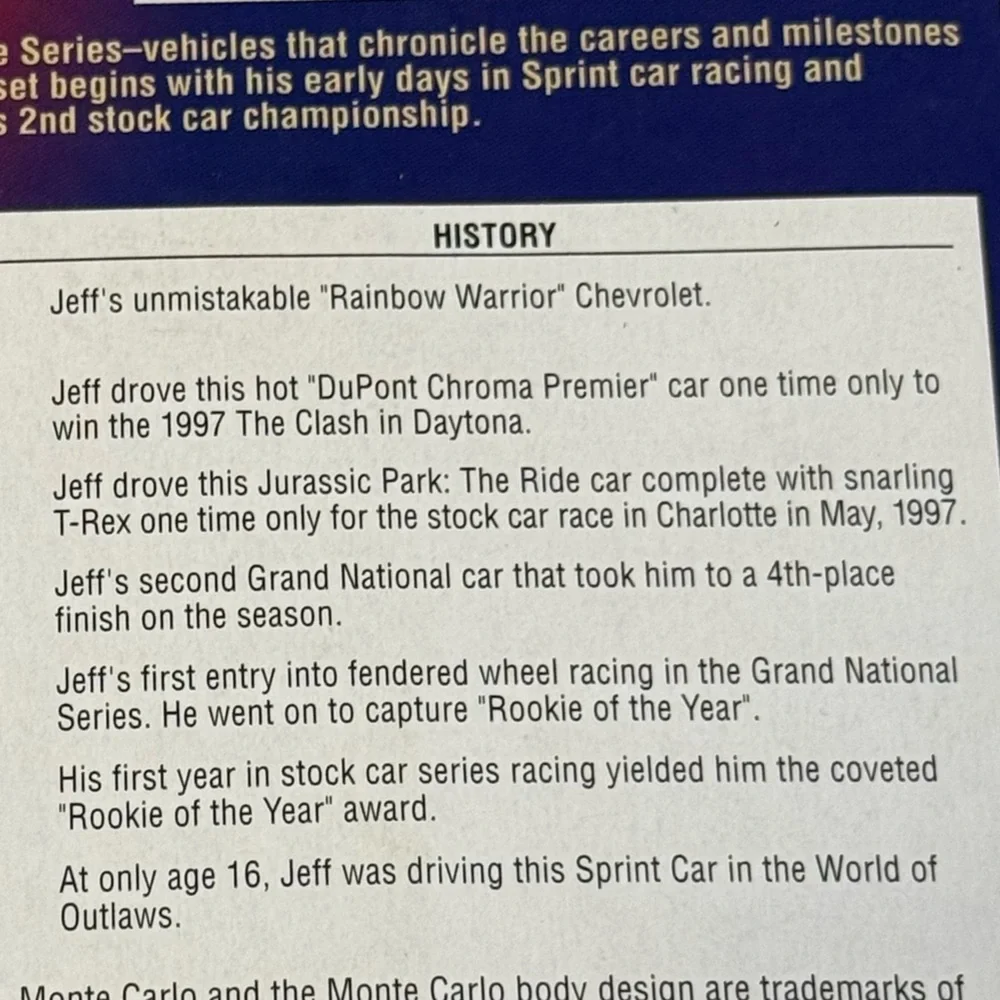 Winner's Circle 1997 Jeff Gordon Dupont Jurassic Park Monte Carlo Die-Cast Car
